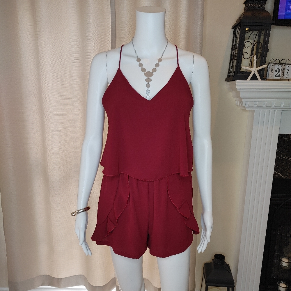 Gab & Kate Ruffle Plunge Romper, Dark Red (Burgundy) S